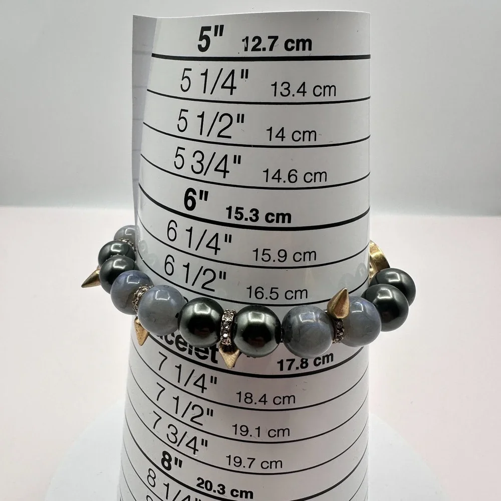 Vintage 80s Beaded Stretch Bracelet Slate Grey Hematite Gold Tone Spikes Jewelry